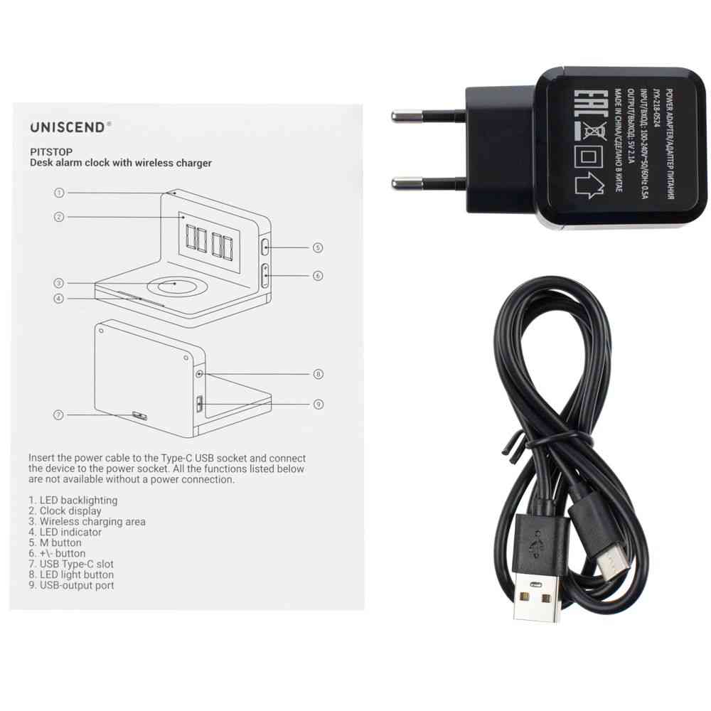 Часы настольные с беспроводным зарядным устройством Pitstop, черные - 9