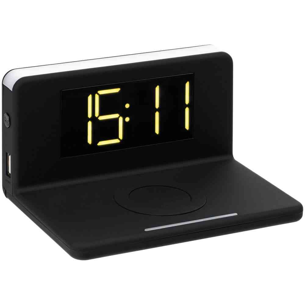 Часы настольные с беспроводным зарядным устройством Pitstop, черные - 2