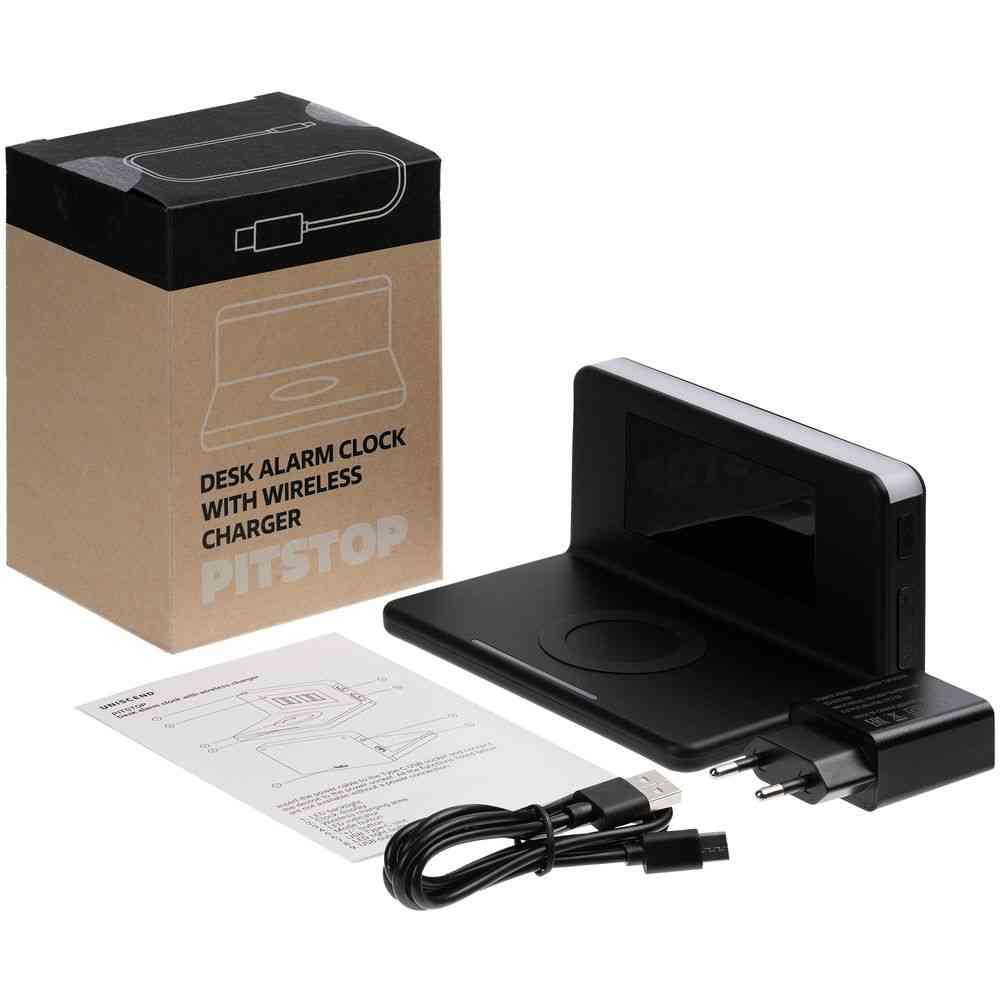 Часы настольные с беспроводным зарядным устройством Pitstop, черные - 10
