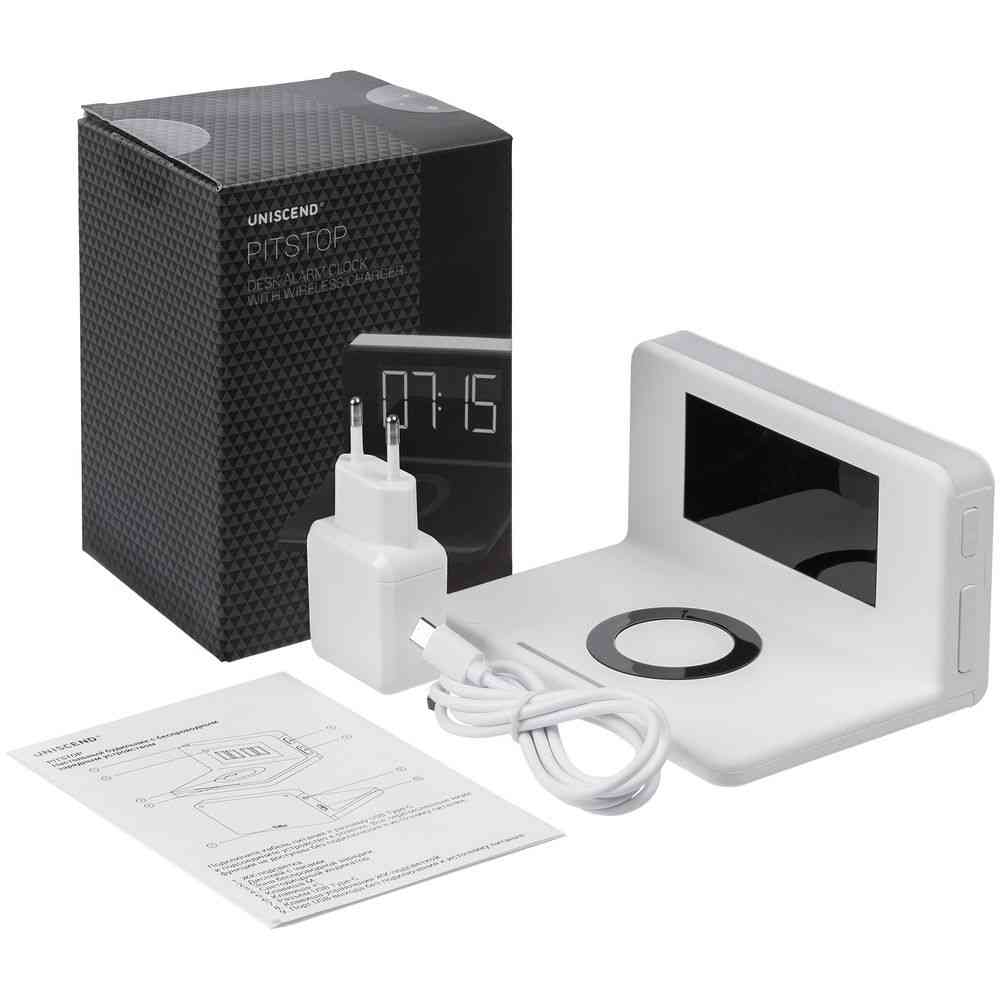 Часы настольные с беспроводным зарядным устройством Pitstop, белые - 13