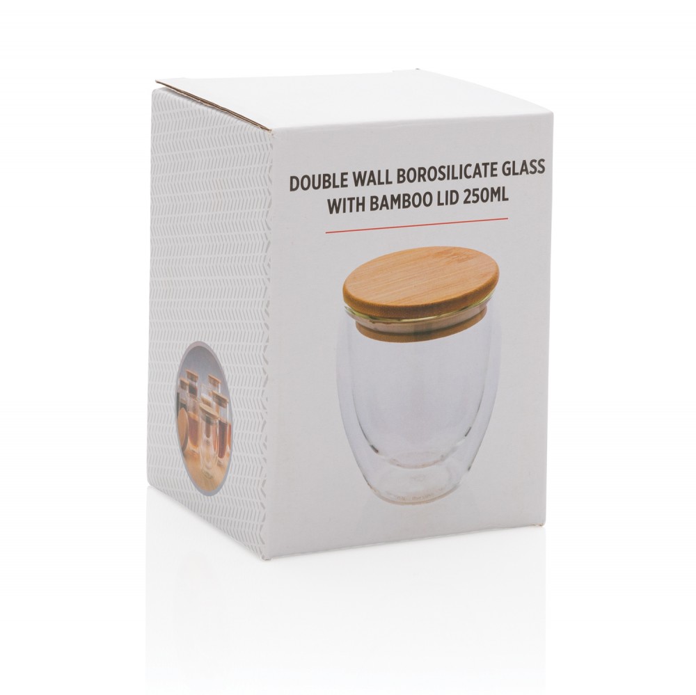 Стакан из боросиликатного стекла с двойными стенками и бамбуковой крышкой, 250 мл - 12