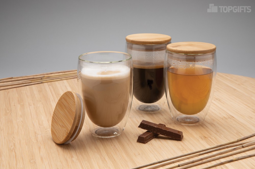 Набор стаканов из боросиликатного стекла с двойными стенками и бамбуковой крышкой, 350 мл, 2 шт. - 8