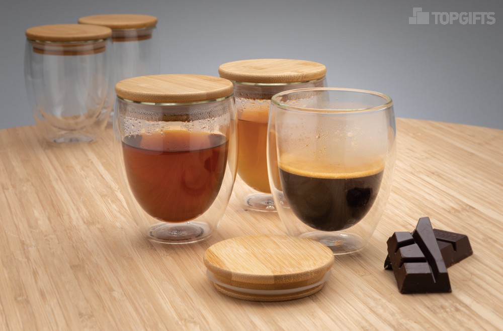 Набор стаканов из боросиликатного стекла с двойными стенками и бамбуковой крышкой, 250 мл, 2 шт. - 7