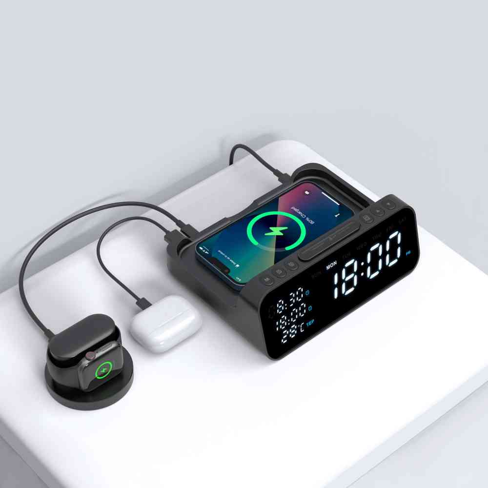 Настольные часы 6в1 с беспроводной зарядкой 10W Orion, черные - 4