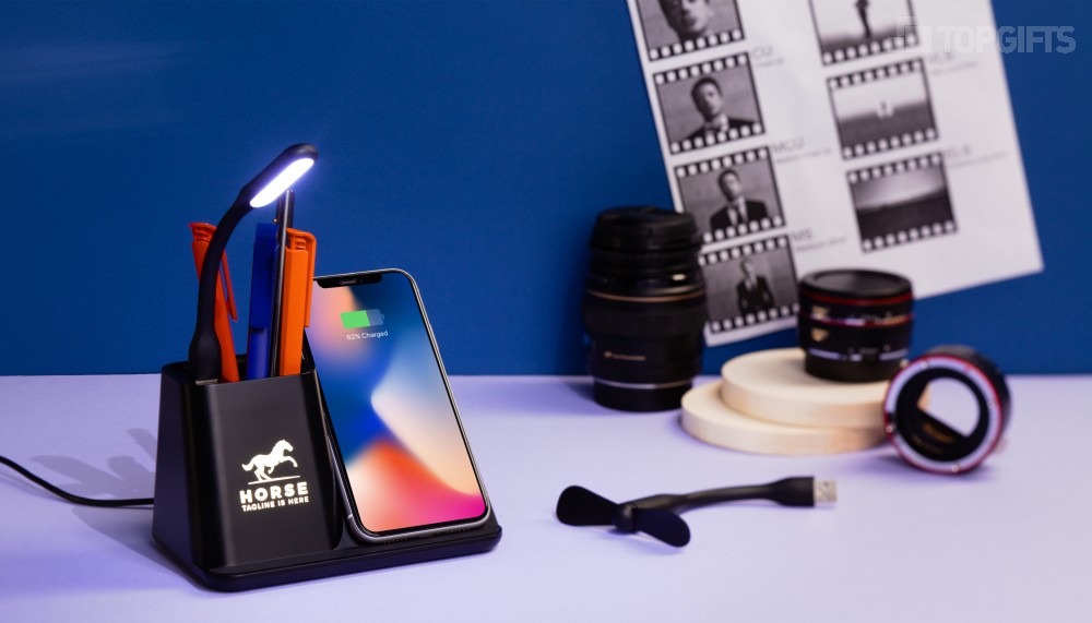 Карандашница "Black Star" с беспроводным (10W) зарядным устройством, вентилятором и лампой, с подсветкой логотипа - 2