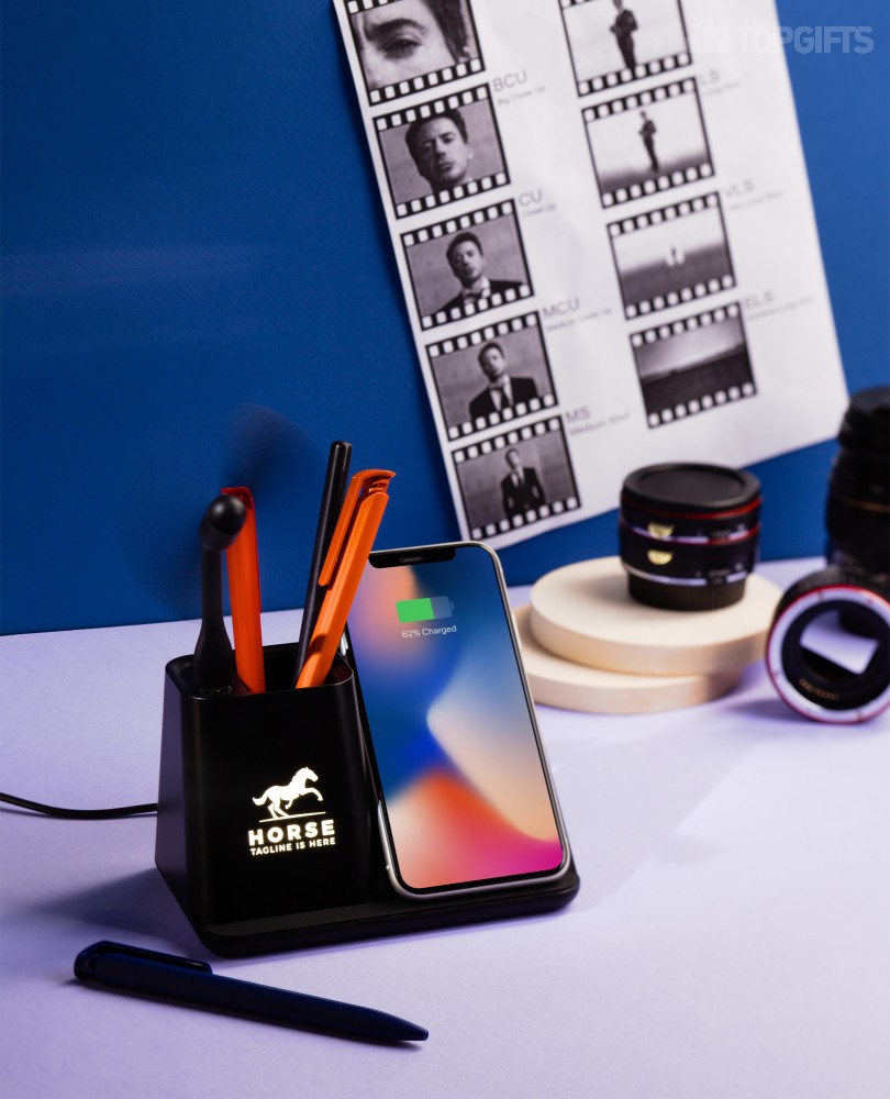 Карандашница "Black Star" с беспроводным (10W) зарядным устройством, вентилятором и лампой, с подсветкой логотипа - 3