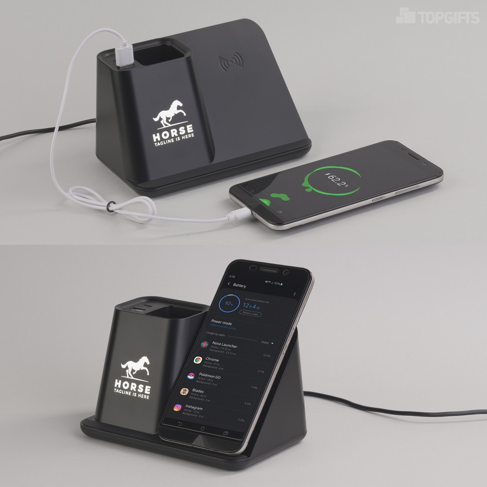 Карандашница "Black Star" с беспроводным (10W) зарядным устройством, вентилятором и лампой, с подсветкой логотипа - 5