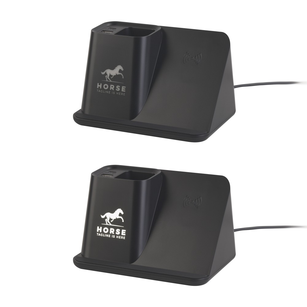 Карандашница "Black Star" с беспроводным (10W) зарядным устройством, вентилятором и лампой, с подсветкой логотипа - 8