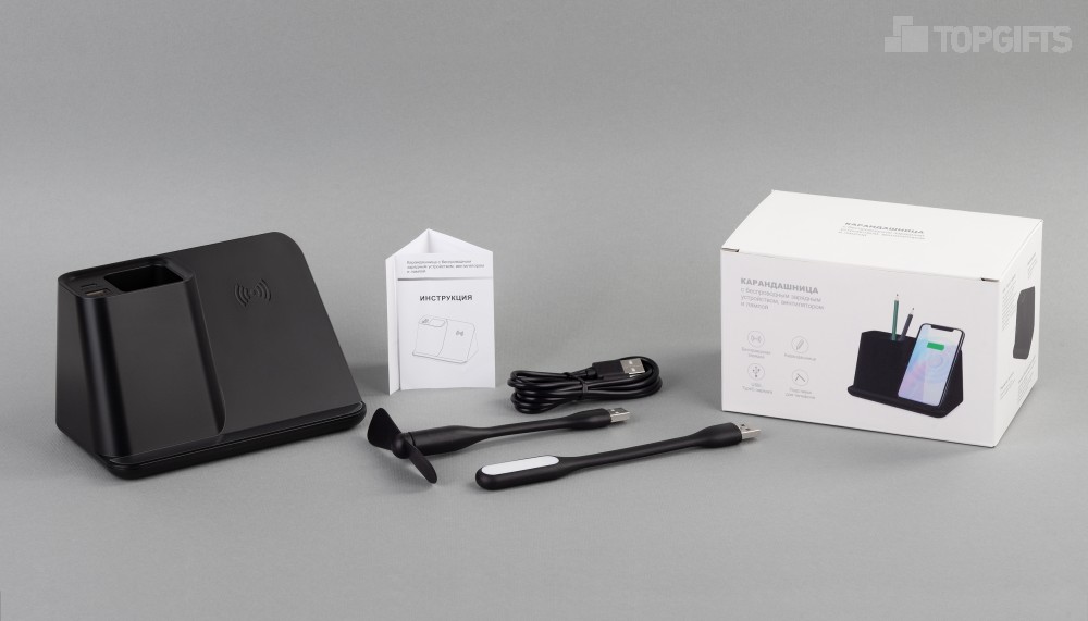 Карандашница "Black Star" с беспроводным (10W) зарядным устройством, вентилятором и лампой, с подсветкой логотипа - 7