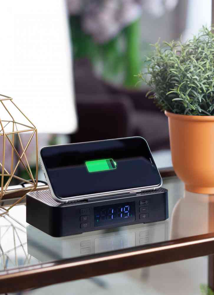 Настольные часы "Smart Box" с bluetooth колонкой (2х3Вт), беспроводным (15W) зарядным устройством и складной подставкой под смартфон - 2