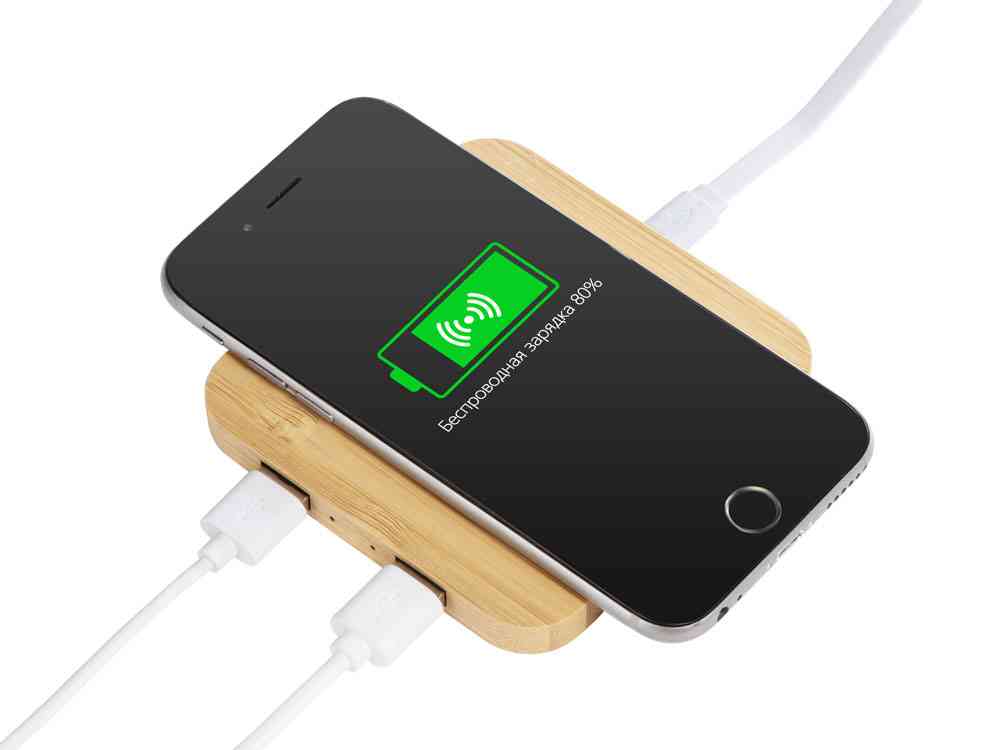 USB-хаб с беспроводной зарядкой из бамбука Plato, 5 Вт - 2