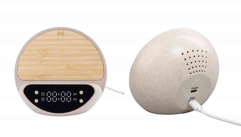 Настольные часы "Smiley" с беспроводным (10W) зарядным устройством и будильником, пшеница/бамбук/пластик - 3