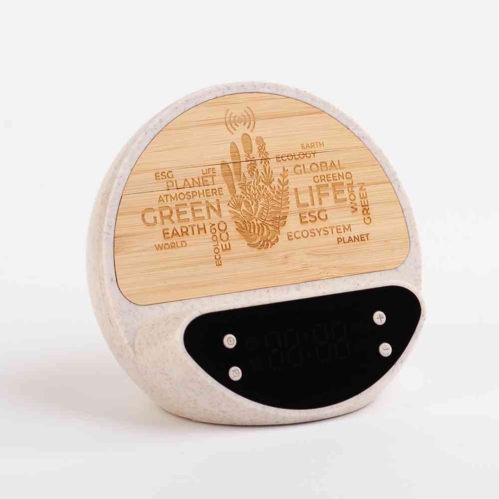 Настольные часы "Smiley" с беспроводным (10W) зарядным устройством и будильником, пшеница/бамбук/пластик - 9