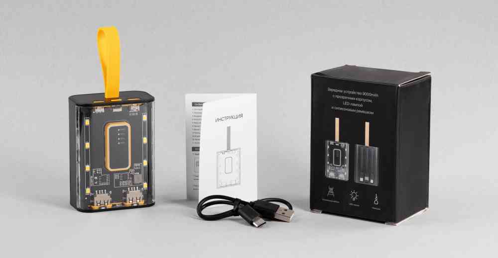 Зарядное устройство "Shine" 9000 mAh с LED-подсветкой, встроенными кабелями Type-C/Lightning/USB - 9