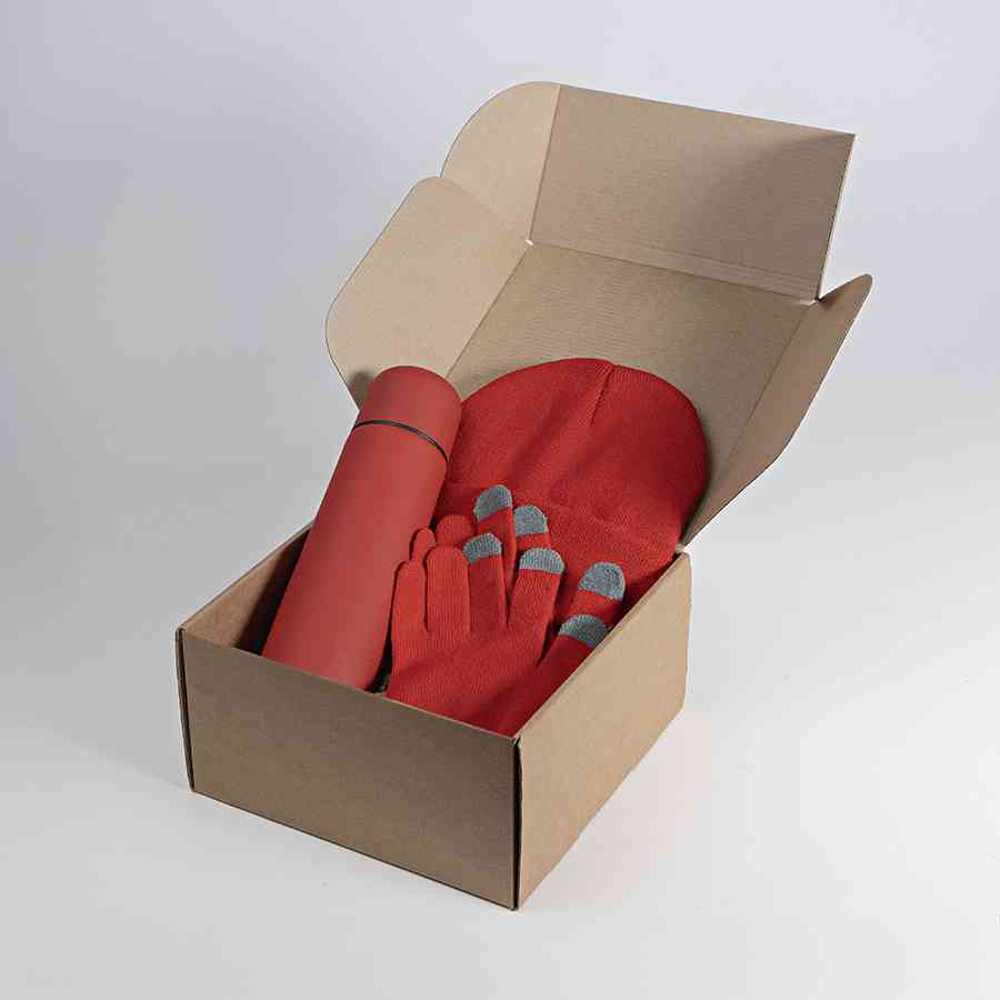 Набор подарочный GET WARM: перчатки, шапка, термос; красный - 3